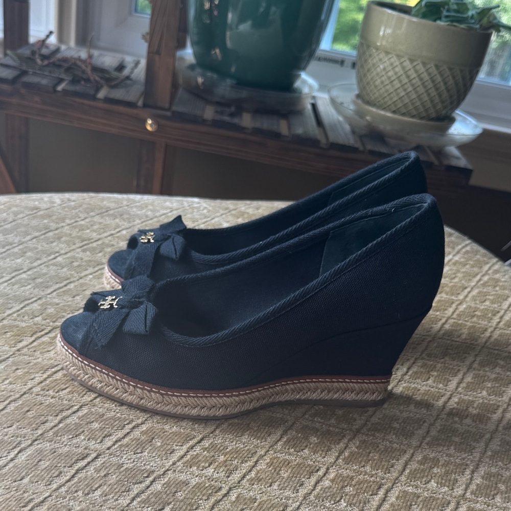 Tory Burch Black Wedge Peep-Toe Shoes